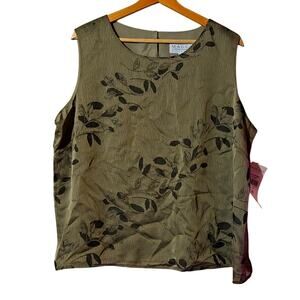 NWT Maggie McNaughton 2X Olive Green Leaf Print Tank/Sleeveless Top [0109]